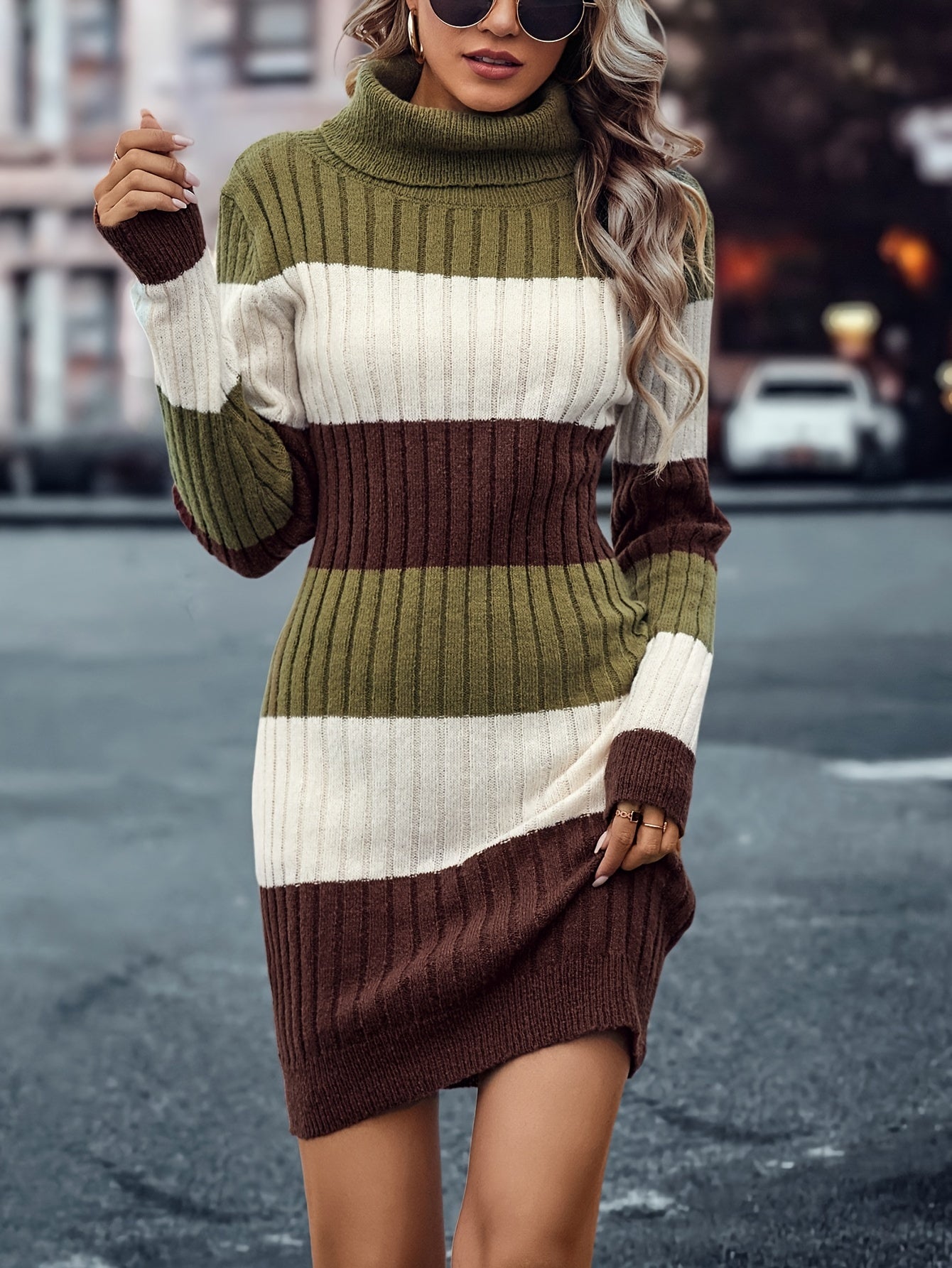 Elegant Striped Color Block Knit Dress for Women - High Neck, Bodycon Fit, Machine Washable, Striped, Knit Dress, Fashion, Women's Clothing