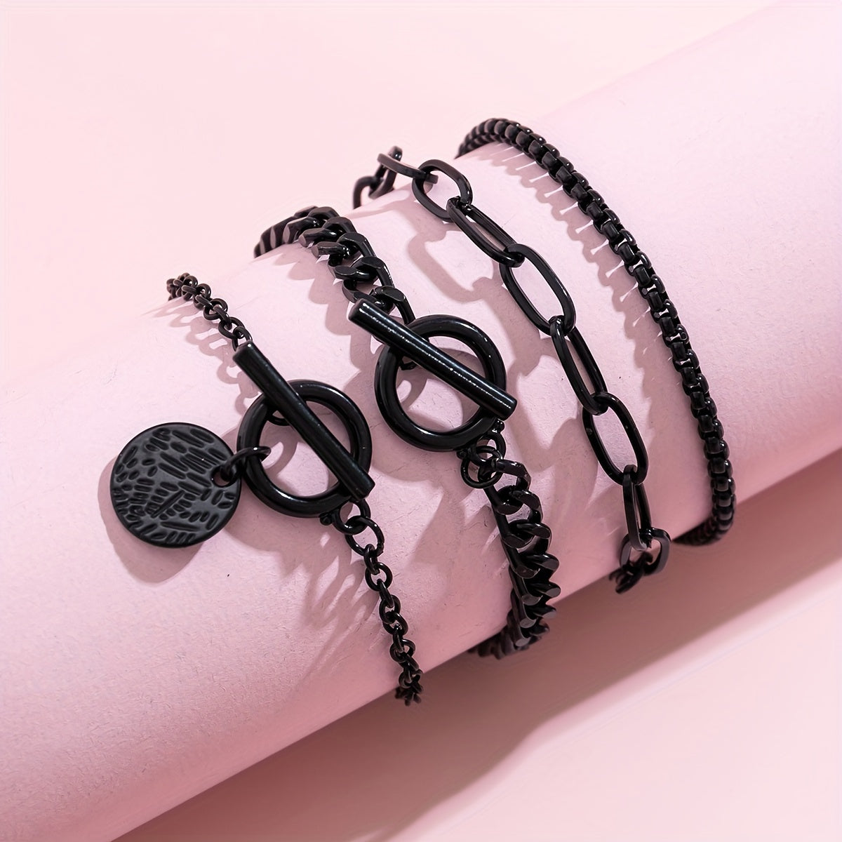 4pcs Flat Snake Thick Chain Retro OT Buckle Set Bracelet