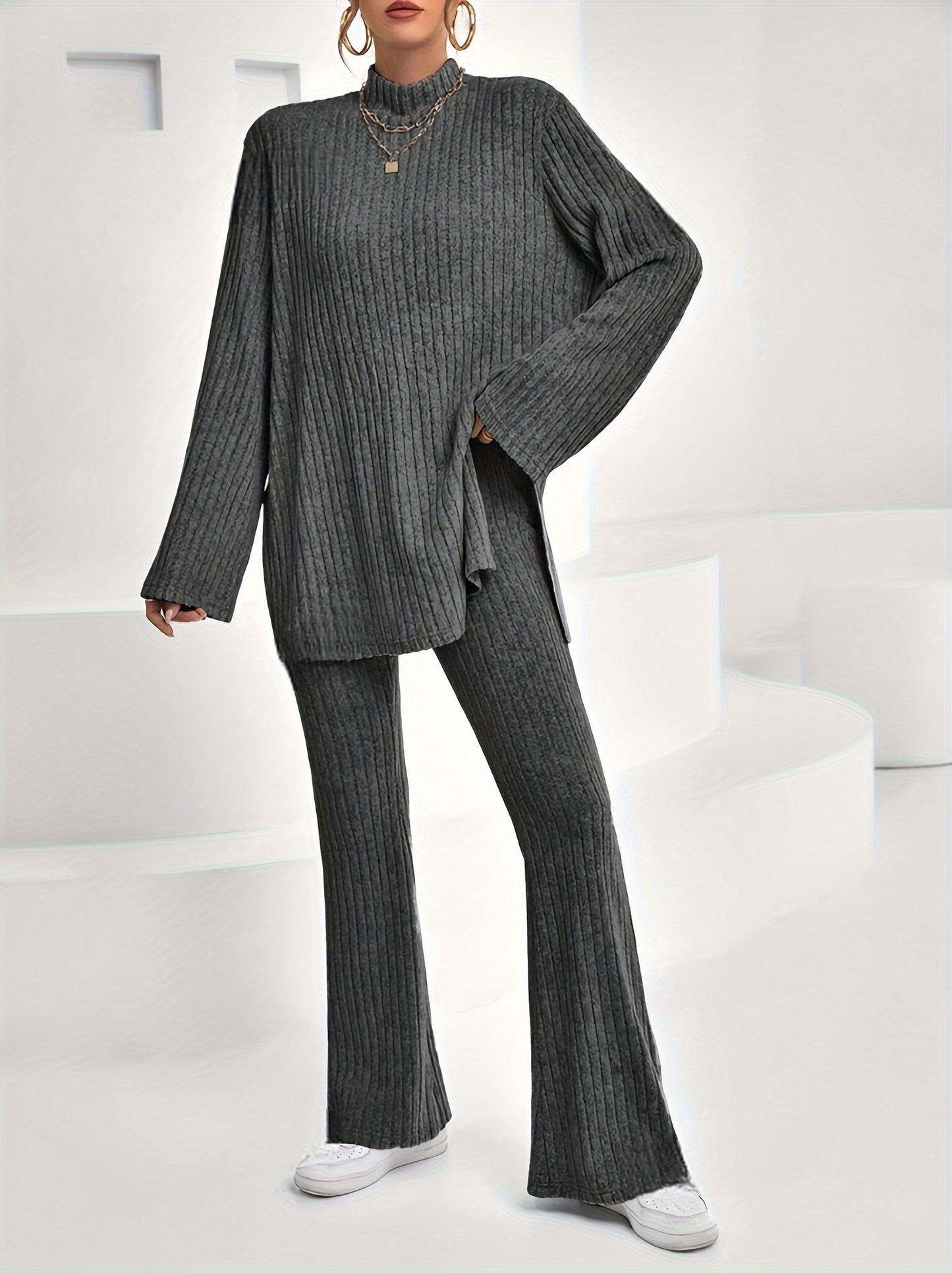 Elegant Ribbed Knit Cord Set - Turtleneck Top & Flared Pants for Women, Perfect for Fall/Winter