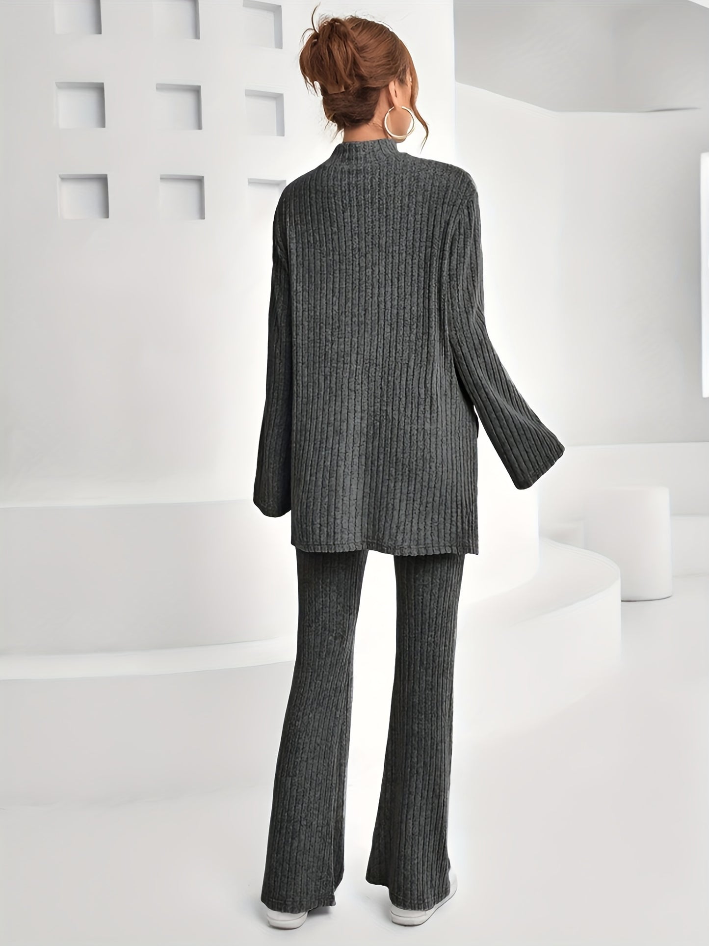 Elegant Ribbed Knit Cord Set - Turtleneck Top & Flared Pants for Women, Perfect for Fall/Winter