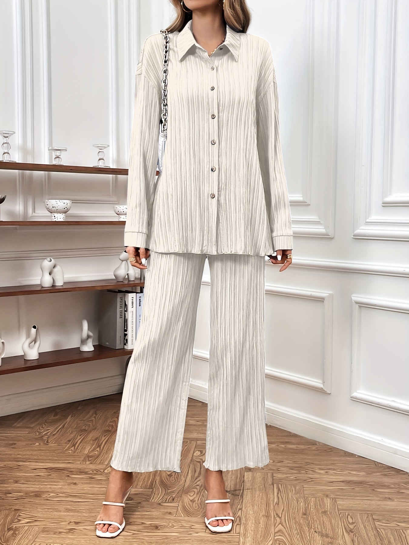 Solid Casual Two-piece Set, Button Front Long Sleeve Shirt & Wide Leg Pants Outfits, Women's Clothing