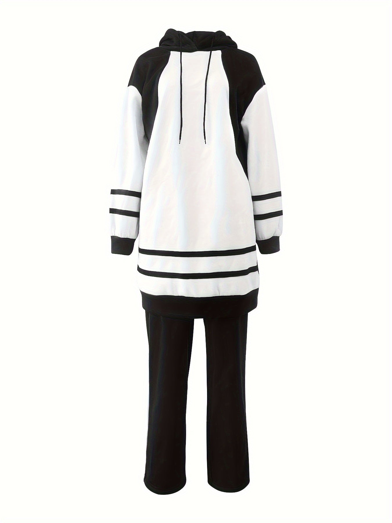 Casual Two-piece Set, Color Block Long Drawstring Hoodie & Pants Outfits, Women's Clothing