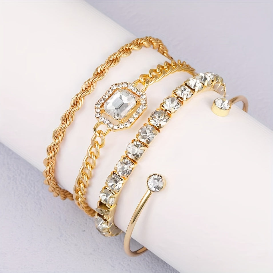 4pcs Women's Personality Exaggerated Punk Style Twist Chain Bracelet Set with Rhinestones