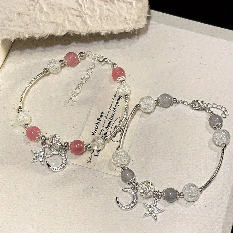 Valentine's Day Boho-Elegant Style Beaded Bracelet for Women - All Season Versatile, Daily Wear Pink Crystal Bead Bracelet with Star and Moon Charms, No Metal Plating, Tassel-Free Jewelry