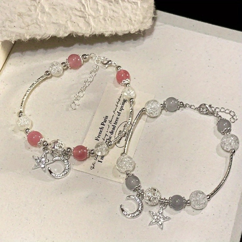 Valentine's Day Boho-Elegant Style Beaded Bracelet for Women - All Season Versatile, Daily Wear Pink Crystal Bead Bracelet with Star and Moon Charms, No Metal Plating, Tassel-Free Jewelry