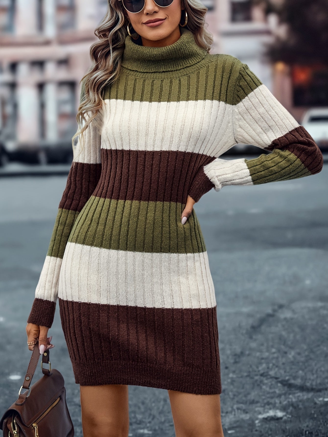 Elegant Striped Color Block Knit Dress for Women - High Neck, Bodycon Fit, Machine Washable, Striped, Knit Dress, Fashion, Women's Clothing