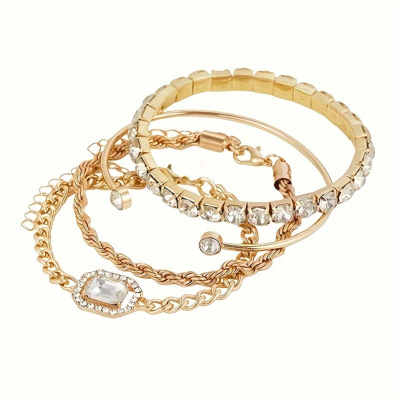 4pcs Women's Personality Exaggerated Punk Style Twist Chain Bracelet Set with Rhinestones