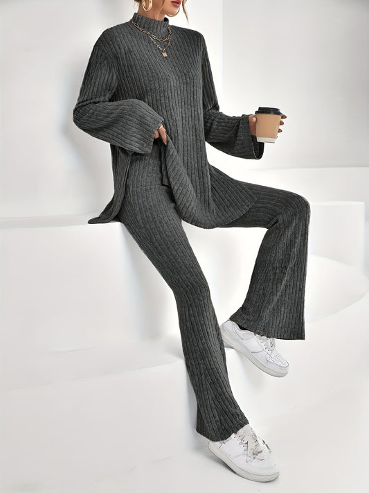 Elegant Ribbed Knit Cord Set - Turtleneck Top & Flared Pants for Women, Perfect for Fall/Winter