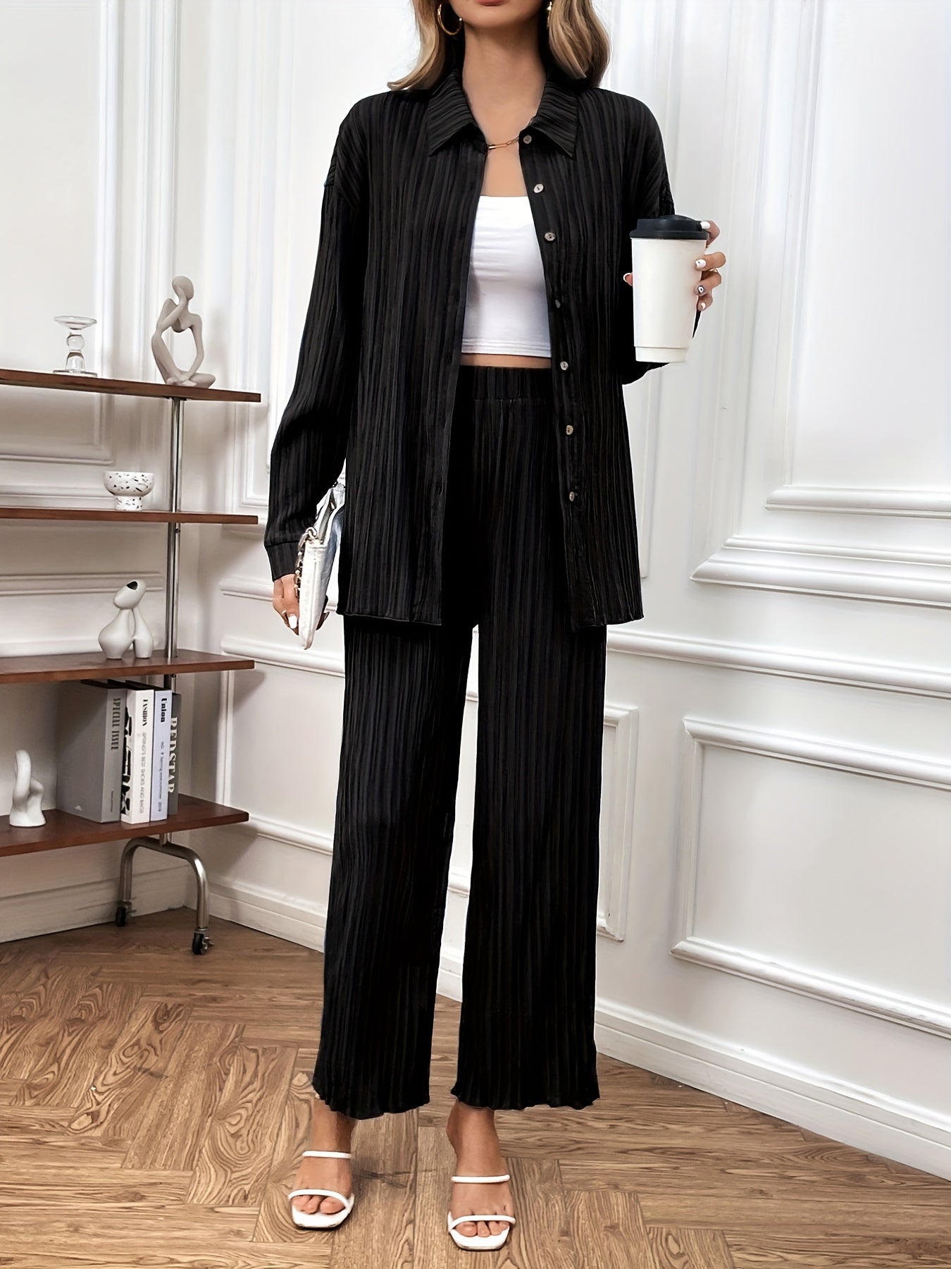 Solid Casual Two-piece Set, Button Front Long Sleeve Shirt & Wide Leg Pants Outfits, Women's Clothing