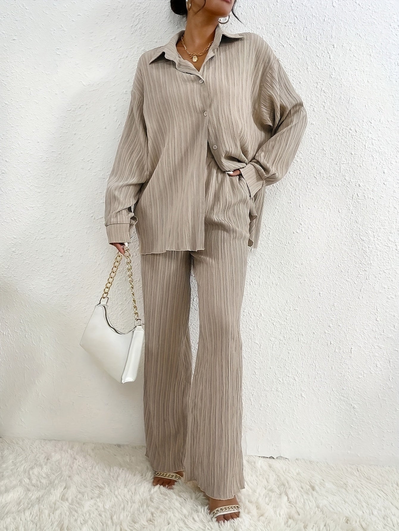 Single Color Textured Casual Pantsuits, Button Front Long Sleeve Drop Shoulder Shirt & High Waist Pants Outfits, Women's Clothing