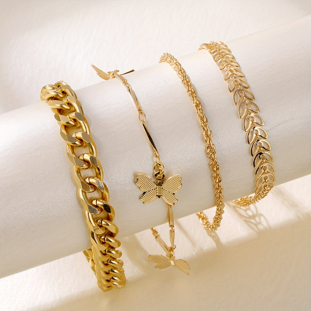 4pcs/Set Exquisite Butterfly Chain Multilayer Bracelet Anklet Golden Color Alloy Jewelry Gift