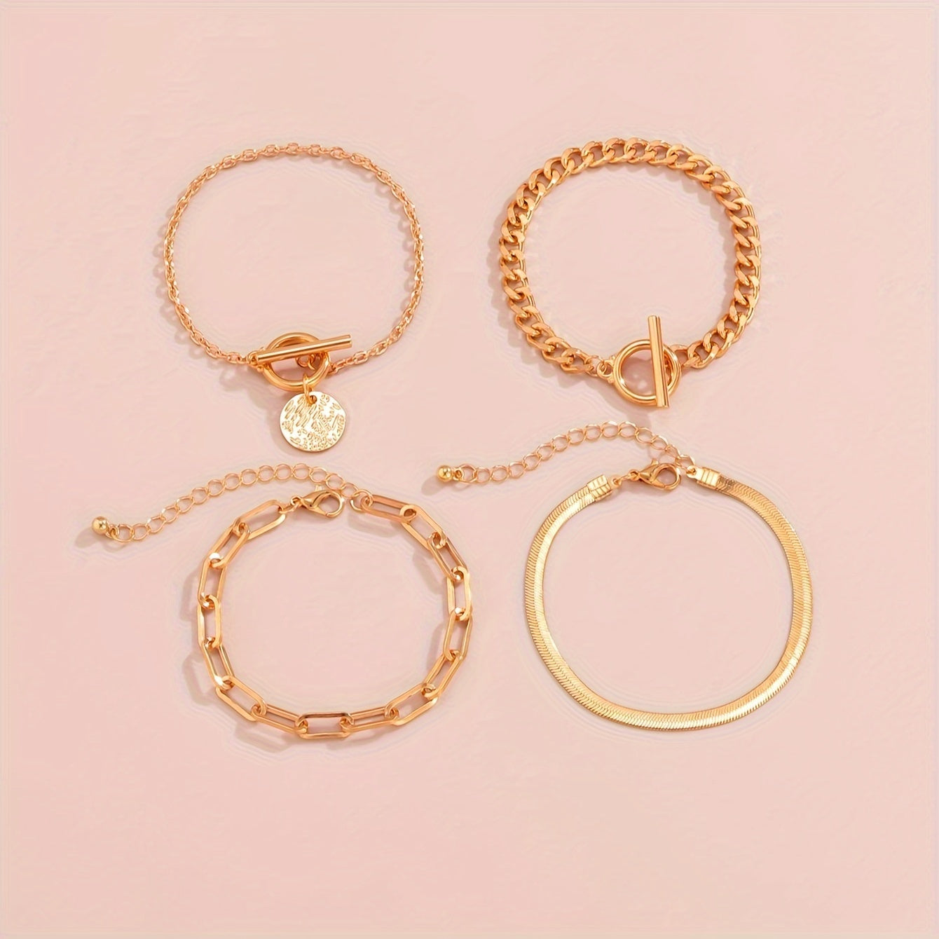 4pcs Flat Snake Thick Chain Retro OT Buckle Set Bracelet