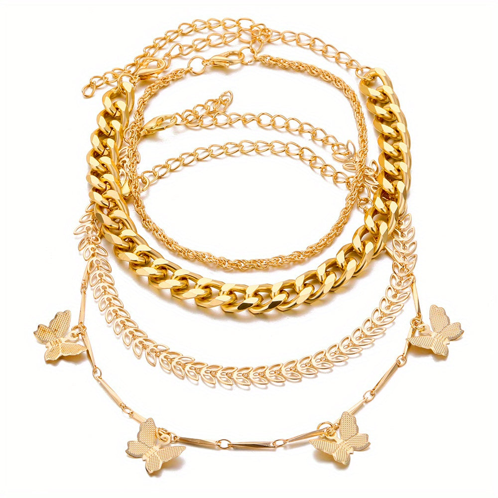 4pcs/Set Exquisite Butterfly Chain Multilayer Bracelet Anklet Golden Color Alloy Jewelry Gift