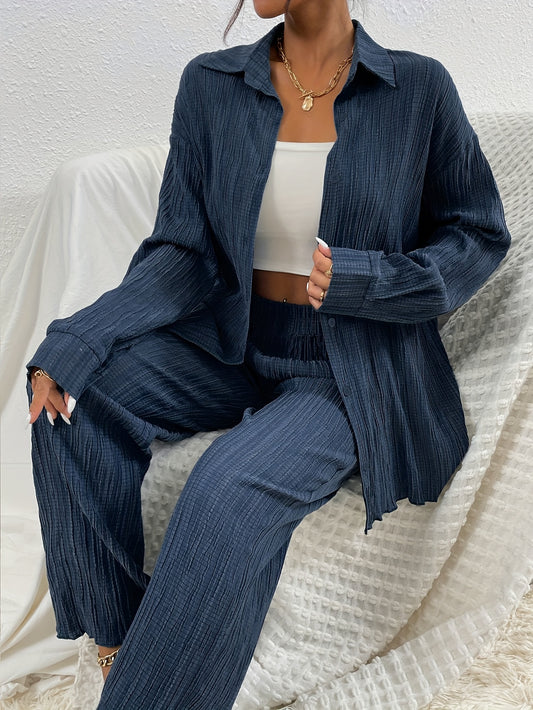 Single Color Textured Casual Pantsuits, Button Front Long Sleeve Drop Shoulder Shirt & High Waist Pants Outfits, Women's Clothing