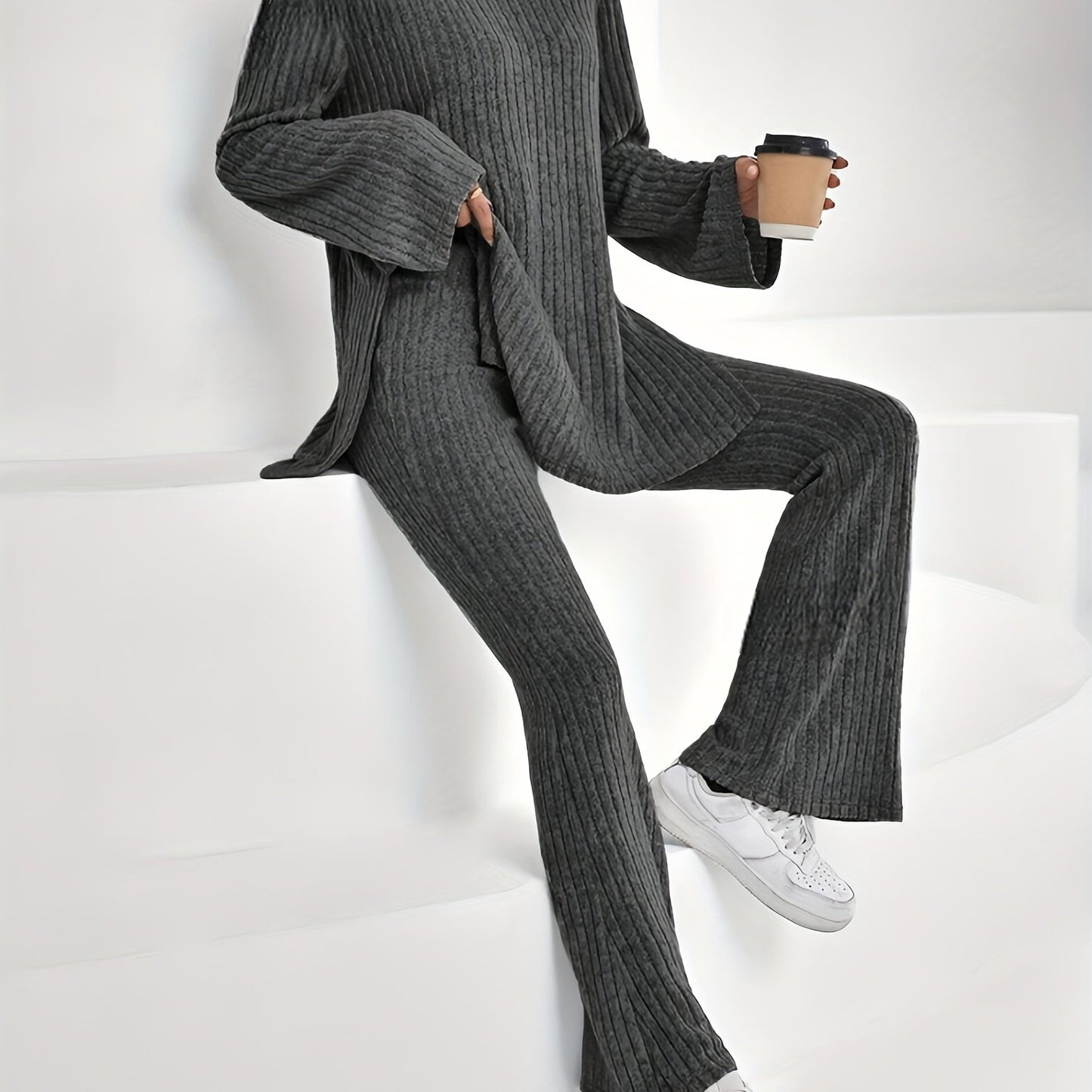 Elegant Ribbed Knit Cord Set - Turtleneck Top & Flared Pants for Women, Perfect for Fall/Winter