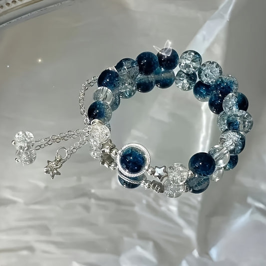 1pc Sparkling Star Charm Blue Beaded Bracelet, Handcrafted Adjustable Design - Perfect Adorable Gift for Her - Trendy Everyday Accessory