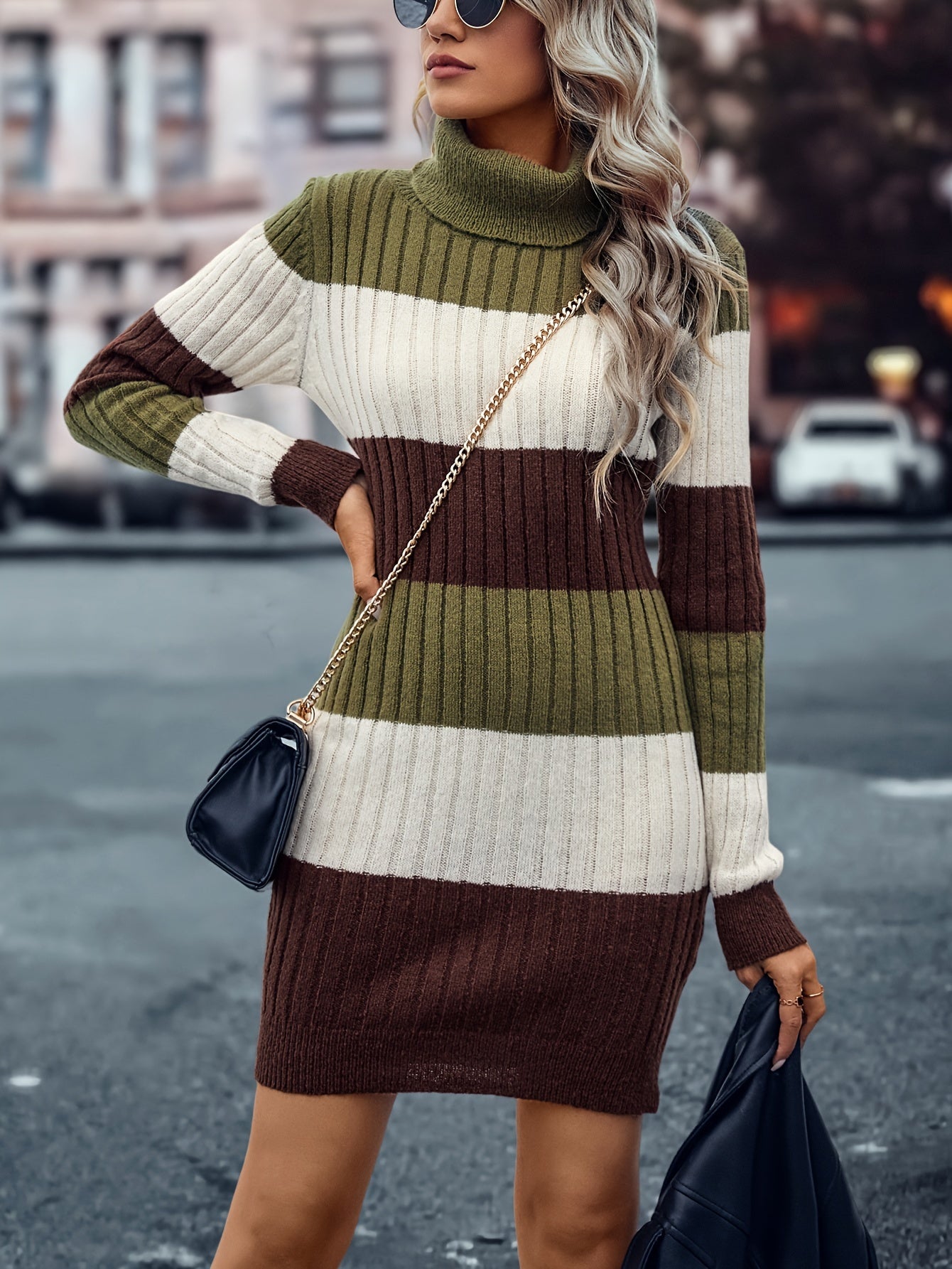 Elegant Striped Color Block Knit Dress for Women - High Neck, Bodycon Fit, Machine Washable, Striped, Knit Dress, Fashion, Women's Clothing