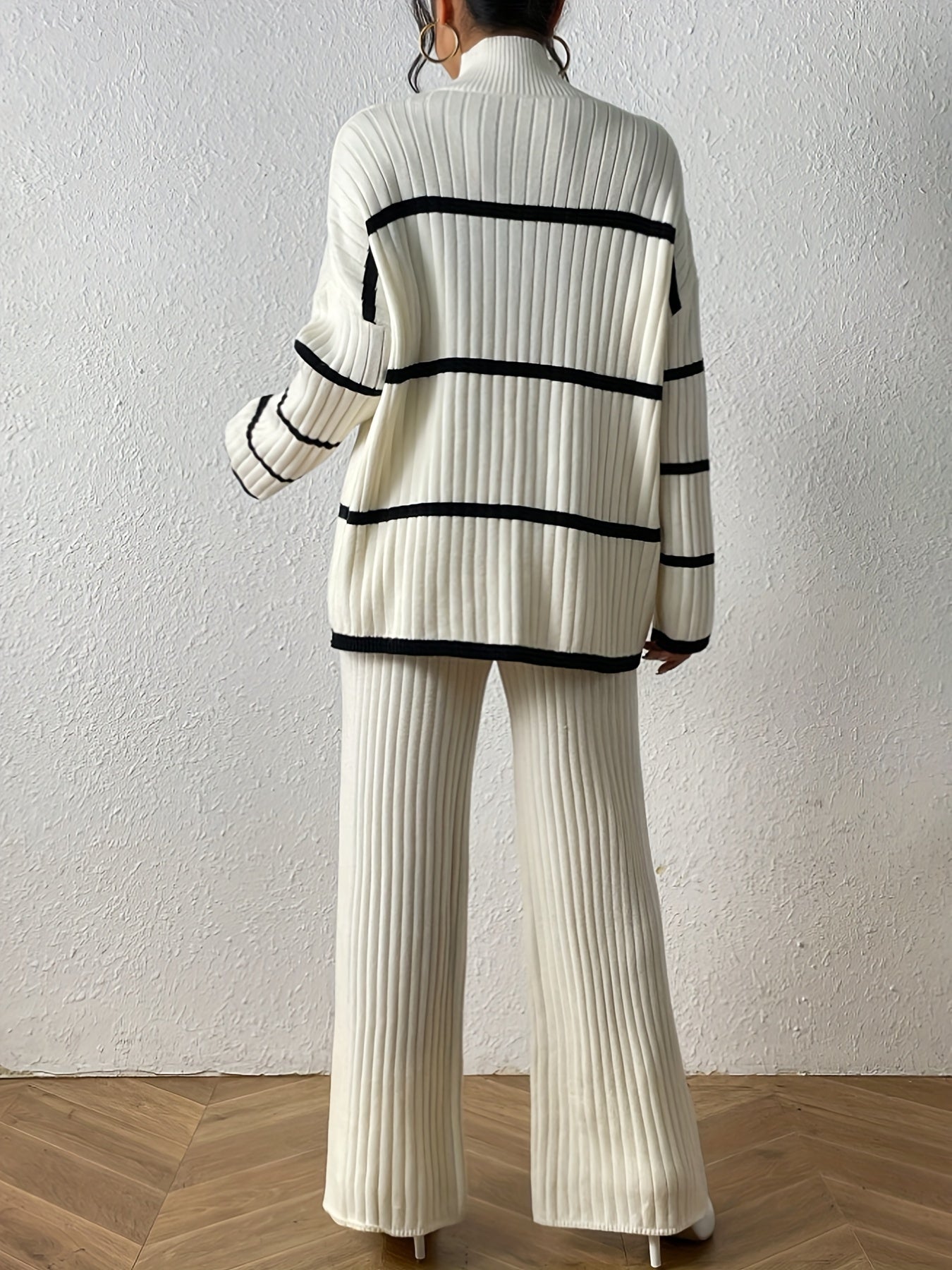 Stripe Pattern Ribbed Knit Cord Set: Long Sleeve Turtleneck Drop Shoulder Sweater & Solid Color Straight Leg Pants Outfit, Women’s Clothing.