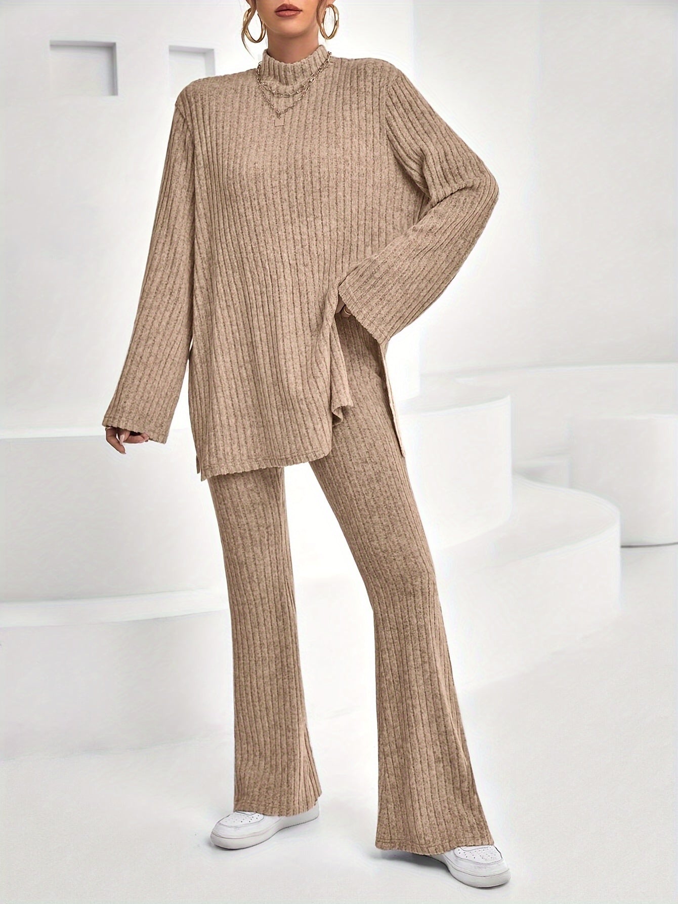 Solid Color Ribbed Knitted Pantsuits, Casual Long Sleeve Mock Neck Top & High Waist Pants Outfits, Women's Clothing