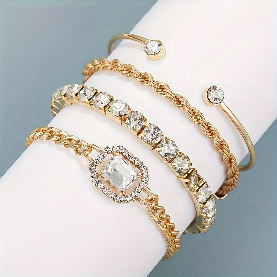 4pcs Women's Personality Exaggerated Punk Style Twist Chain Bracelet Set with Rhinestones