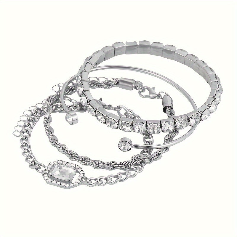 4pcs Women's Personality Exaggerated Punk Style Twist Chain Bracelet Set with Rhinestones