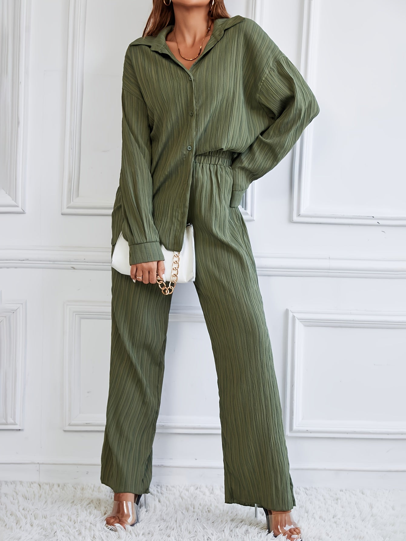 Single Color Textured Casual Pantsuits, Button Front Long Sleeve Drop Shoulder Shirt & High Waist Pants Outfits, Women's Clothing