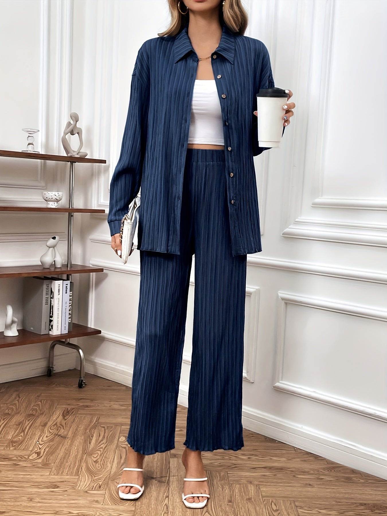 Solid Casual Two-piece Set, Button Front Long Sleeve Shirt & Wide Leg Pants Outfits, Women's Clothing