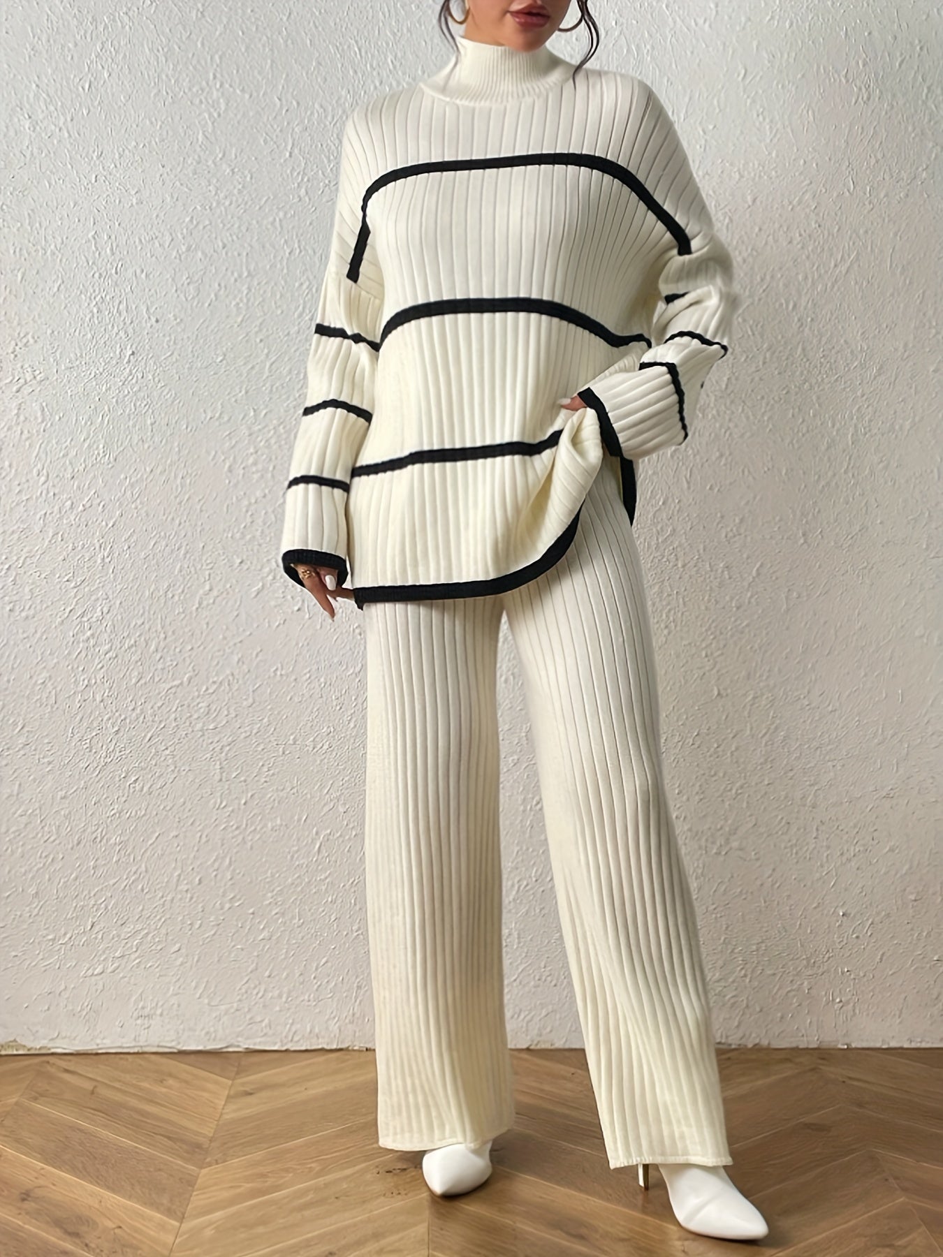 Stripe Pattern Ribbed Knit Cord Set: Long Sleeve Turtleneck Drop Shoulder Sweater & Solid Color Straight Leg Pants Outfit, Women’s Clothing.