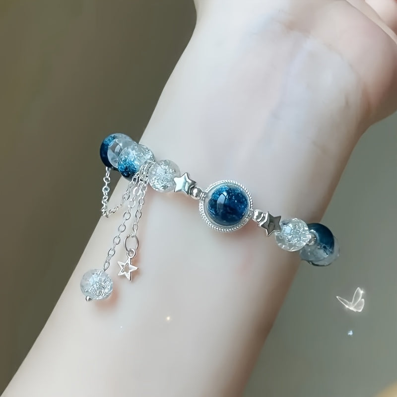 1pc Sparkling Star Charm Blue Beaded Bracelet, Handcrafted Adjustable Design - Perfect Adorable Gift for Her - Trendy Everyday Accessory