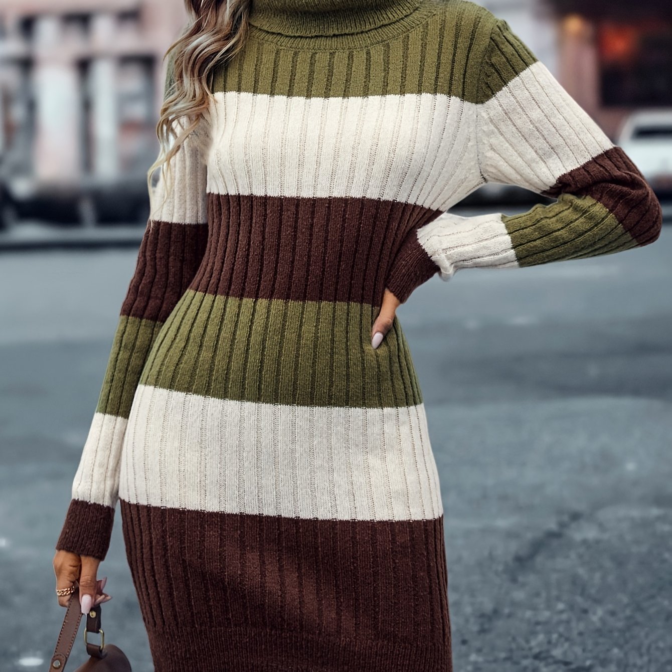 Elegant Striped Color Block Knit Dress for Women - High Neck, Bodycon Fit, Machine Washable, Striped, Knit Dress, Fashion, Women's Clothing