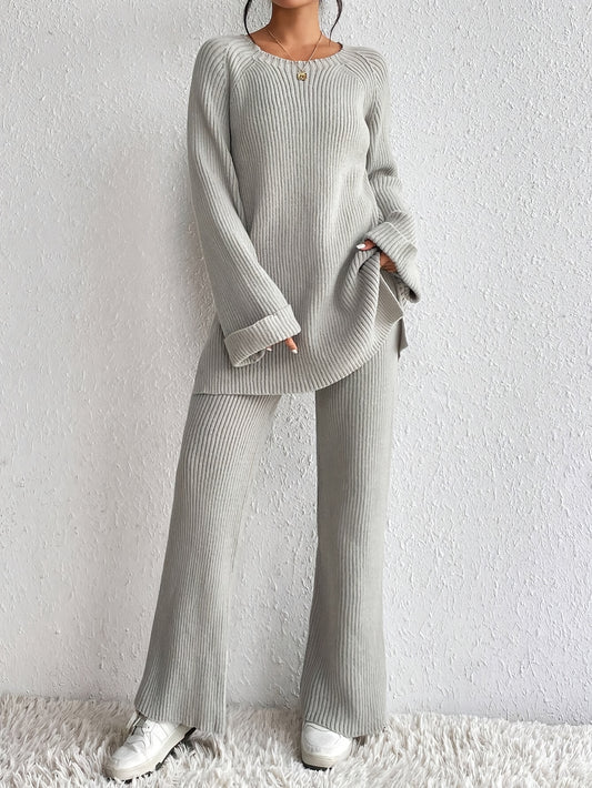 Elegant Solid Color Pants Set, Raglan Sleeve Ribbed Knit Sweater & Wide Leg Loose Knitted Pants For Fall & Winter, Women's Clothing