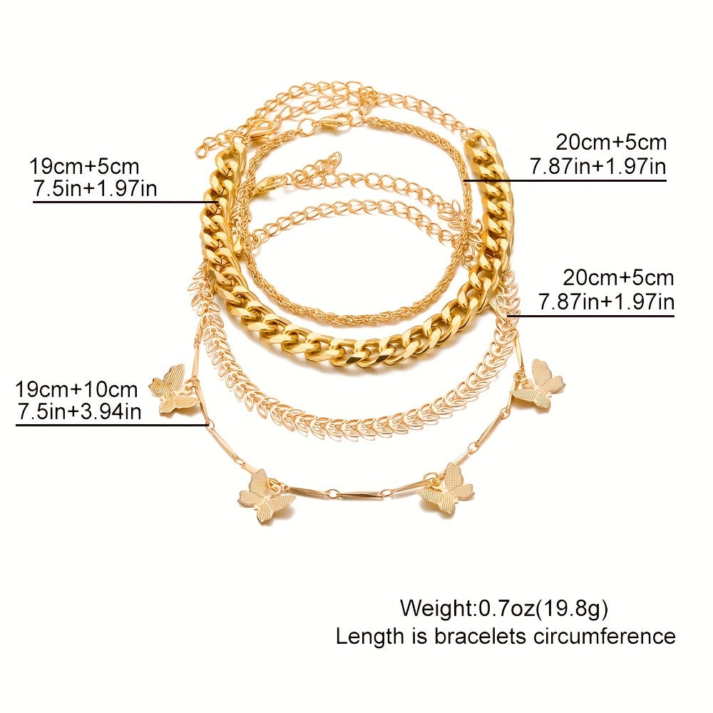 4pcs/Set Exquisite Butterfly Chain Multilayer Bracelet Anklet Golden Color Alloy Jewelry Gift