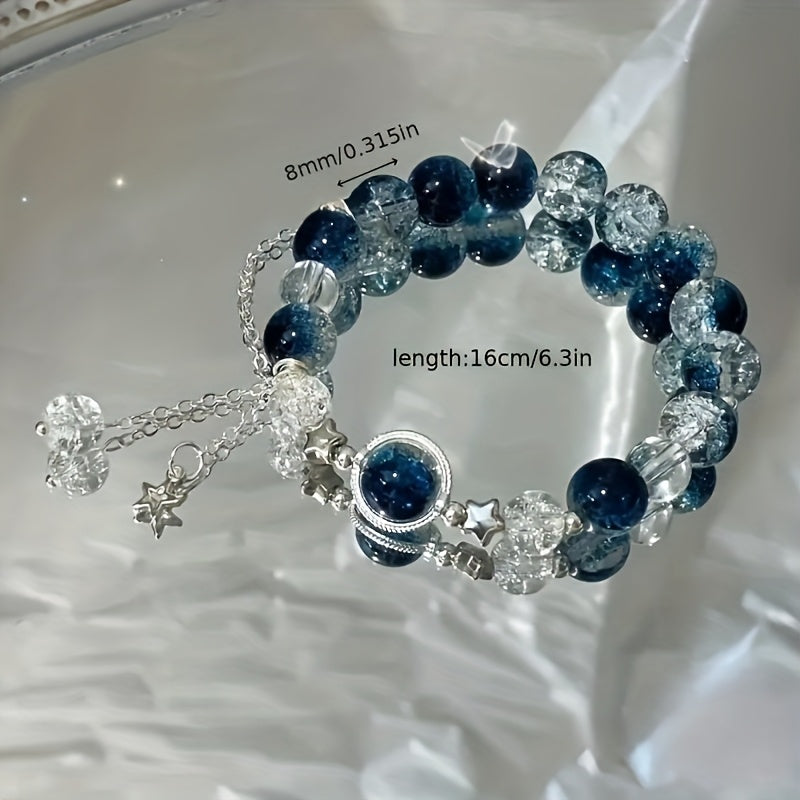 1pc Sparkling Star Charm Blue Beaded Bracelet, Handcrafted Adjustable Design - Perfect Adorable Gift for Her - Trendy Everyday Accessory