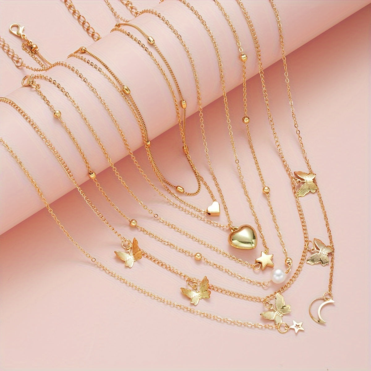 6-Piece Y2K Layered Necklace Set, Simple & Elegant Moon, Star, Butterfly Pendants, Vacation Style, Women's Accessory For Dating & Everyday Outfits Gifts For Eid