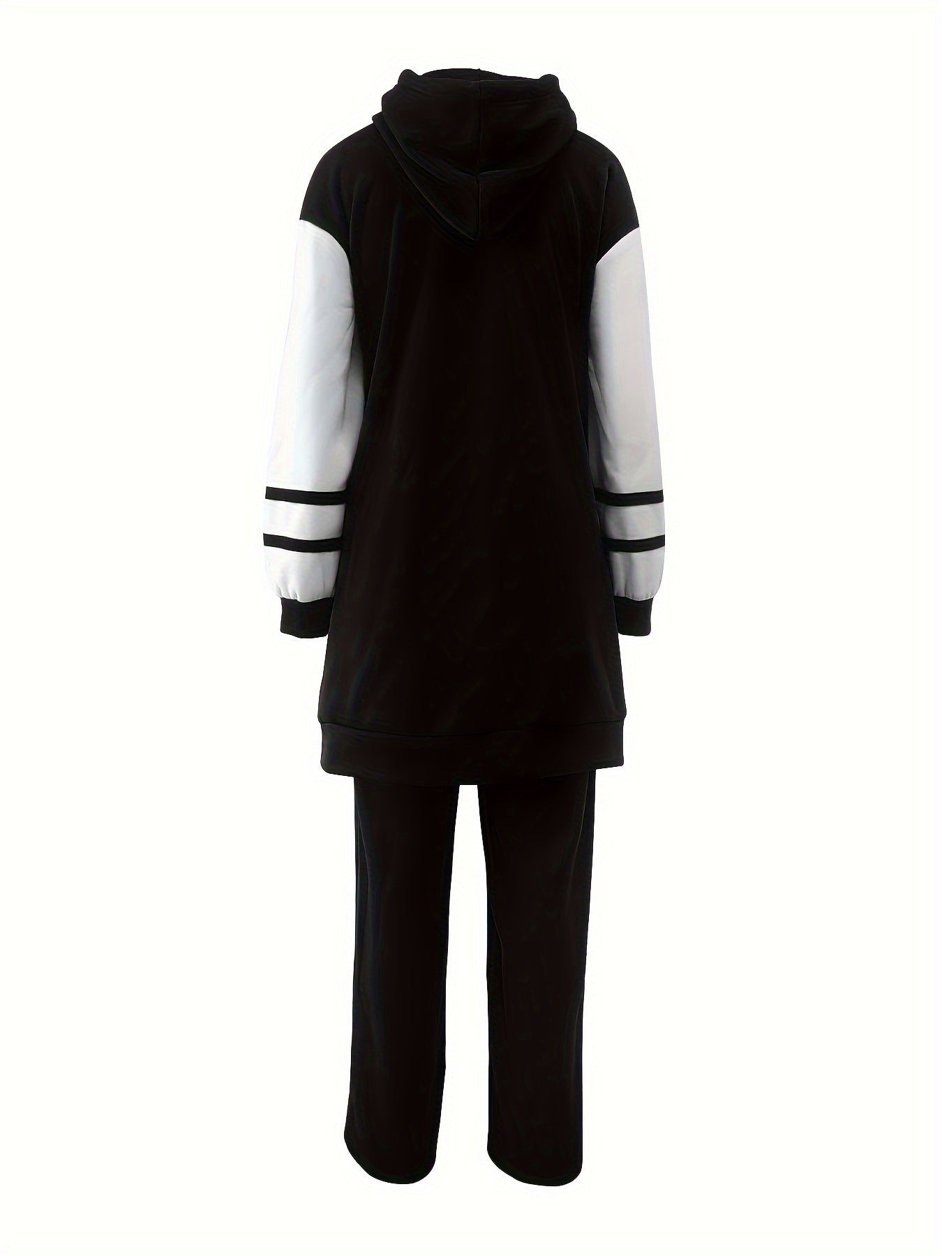 Casual Two-piece Set, Color Block Long Drawstring Hoodie & Pants Outfits, Women's Clothing