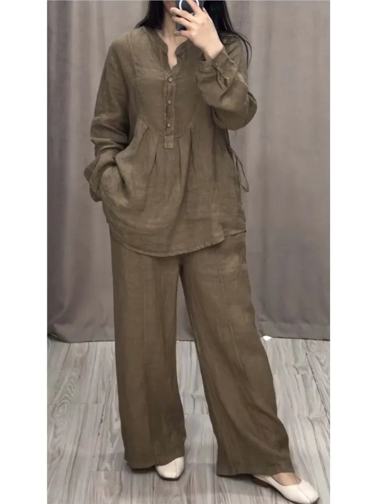 Spring Autumn Women’s Cord Set: Casual Long Sleeve Pocket Shirt and Loose Pleated Wide-Leg Pants Suit