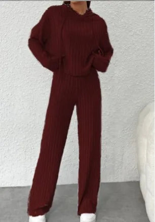 Spring Autumn Women's New Solid Color Casual Knitted Striped Hooded Sweatshirt Loose Long Sleeved Long Pants Two-piece Cord set New arrival