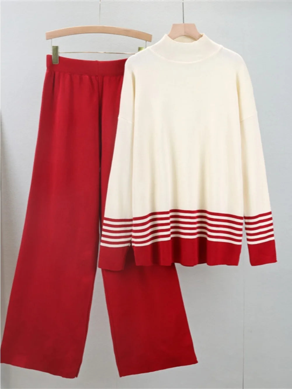 Cord Set, Pullover Striped Sweater and Wide Leg Knitted Pants, Casual Knitwear Ensemble