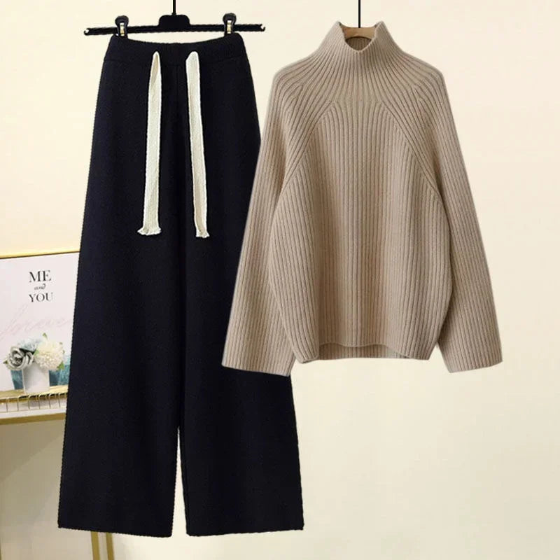 Winter Warm Knitted Cord Set for Women: Long Sleeve Half Turtleneck Sweater and Wide Leg Pants, Loose-Fitting.