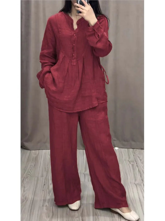 Spring Autumn Women’s Cord Set: Casual Long Sleeve Pocket Shirt and Loose Pleated Wide-Leg Pants Suit