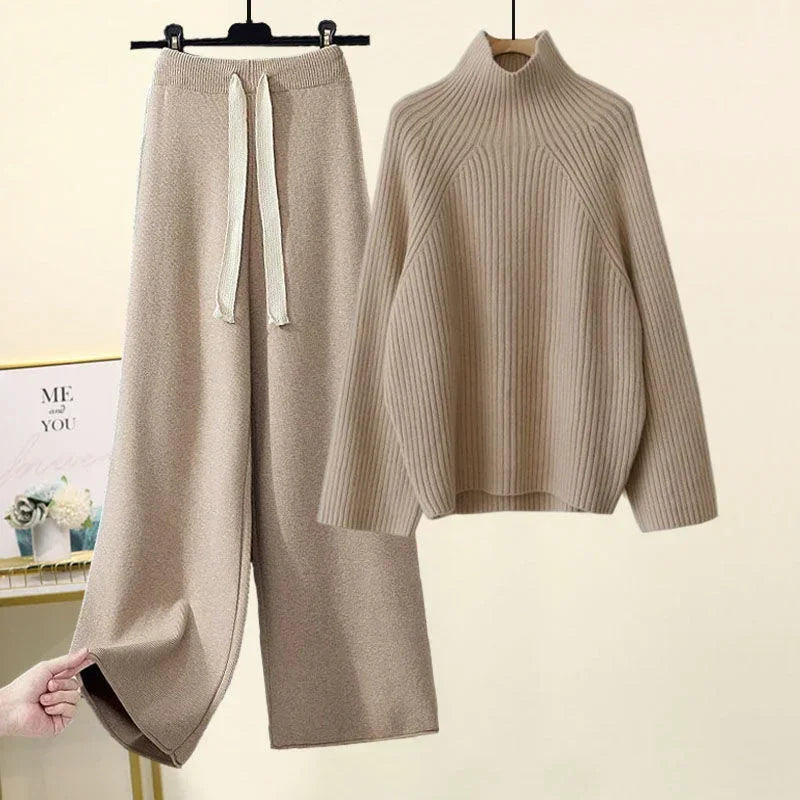 Winter Warm Knitted Cord Set for Women: Long Sleeve Half Turtleneck Sweater and Wide Leg Pants, Loose-Fitting.