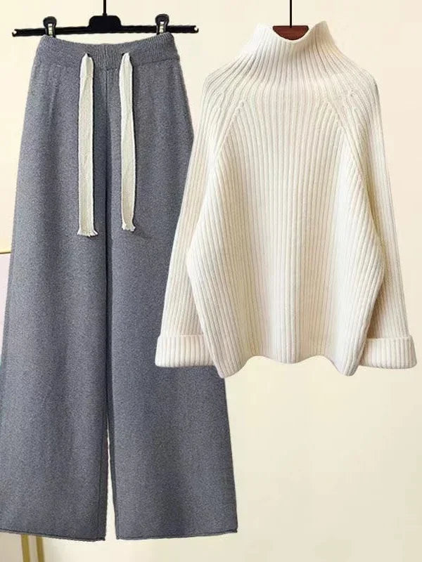 Winter Warm Knitted Cord Set for Women: Long Sleeve Half Turtleneck Sweater and Wide Leg Pants, Loose-Fitting.