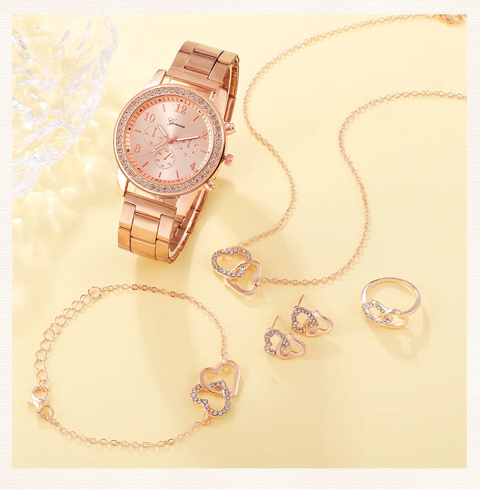 6-Piece Rose Gold Luxury Jewelry and Watch Set for Women – Includes Watch, Ring, Necklace, Earrings, and Bracelet