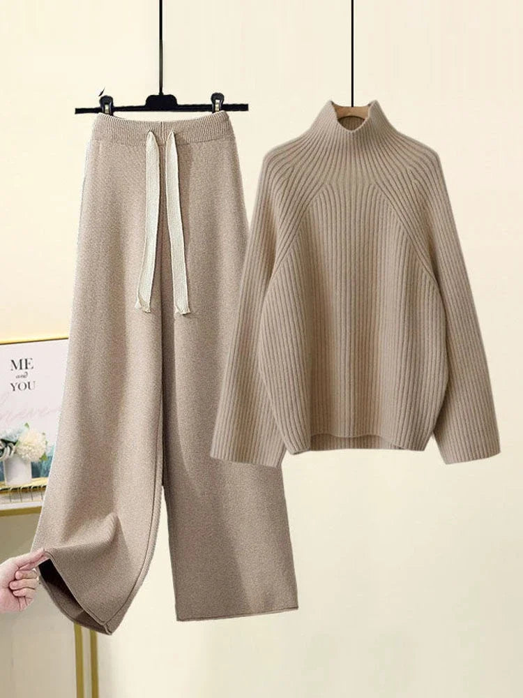 Winter Warm Knitted Cord Set for Women: Long Sleeve Half Turtleneck Sweater and Wide Leg Pants, Loose-Fitting.