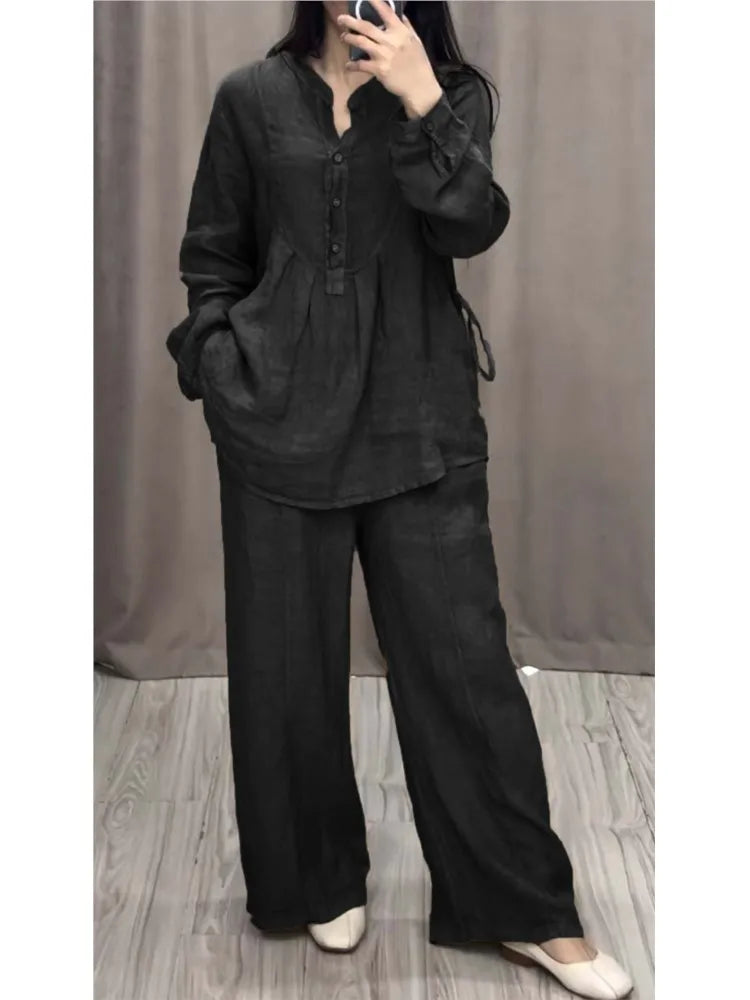 Spring Autumn Women’s Cord Set: Casual Long Sleeve Pocket Shirt and Loose Pleated Wide-Leg Pants Suit