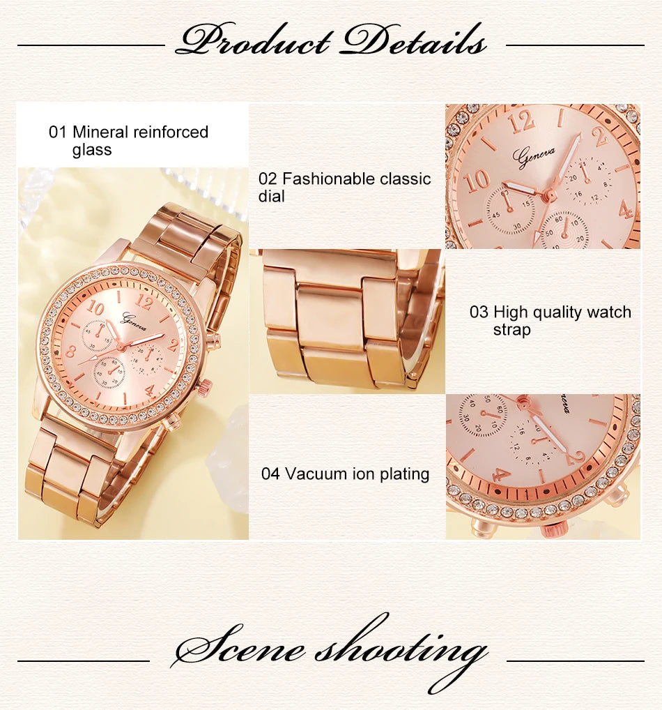 6-Piece Rose Gold Luxury Jewelry and Watch Set for Women – Includes Watch, Ring, Necklace, Earrings, and Bracelet