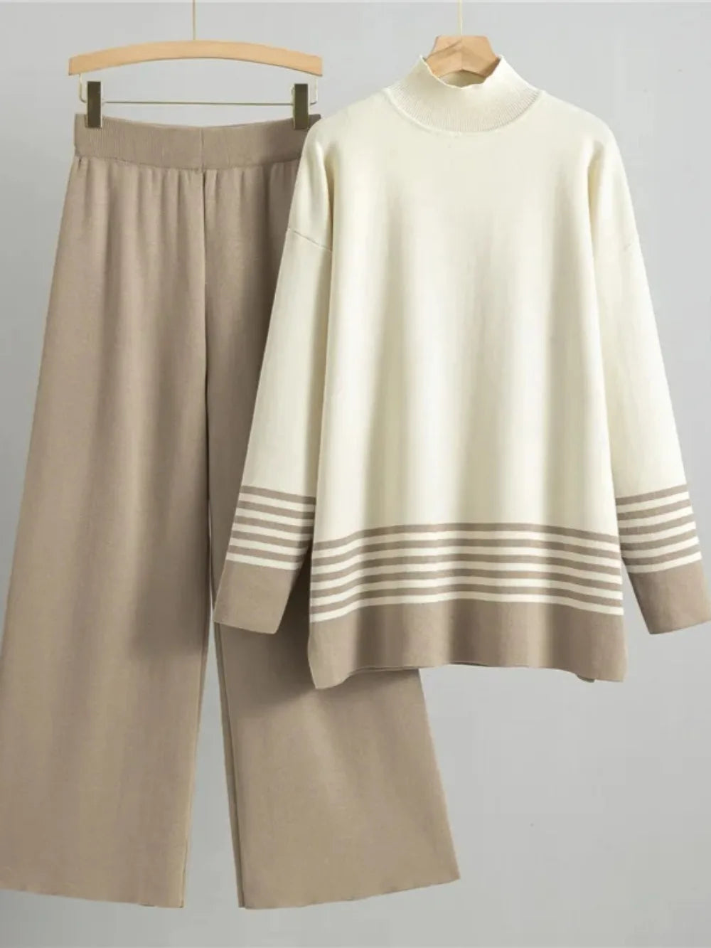 Cord Set, Pullover Striped Sweater and Wide Leg Knitted Pants, Casual Knitwear Ensemble