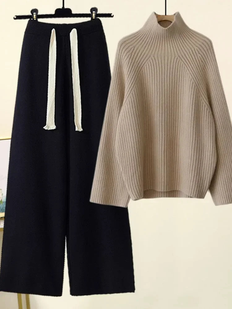 Winter Warm Knitted Cord Set for Women: Long Sleeve Half Turtleneck Sweater and Wide Leg Pants, Loose-Fitting.