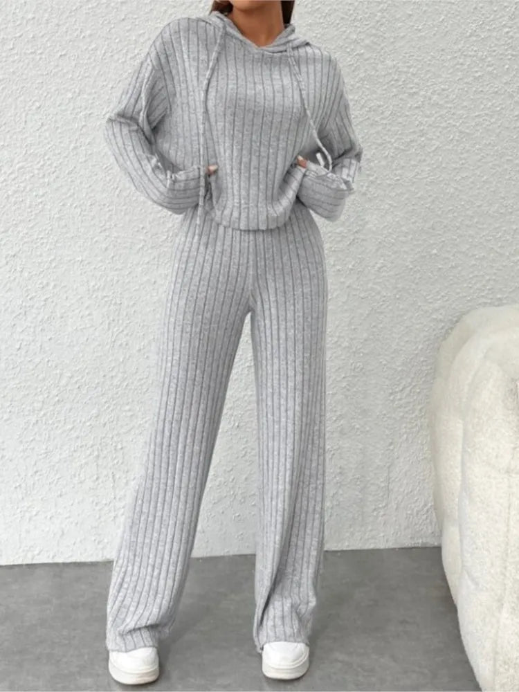 Spring Autumn Women's New Solid Color Casual Knitted Striped Hooded Sweatshirt Loose Long Sleeved Long Pants Two-piece Cord set New arrival