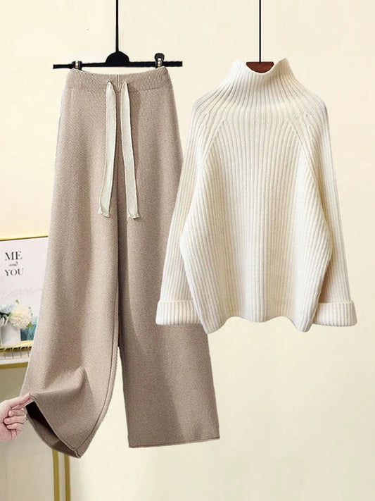 Winter Warm Knitted Cord Set for Women: Long Sleeve Half Turtleneck Sweater and Wide Leg Pants, Loose-Fitting.